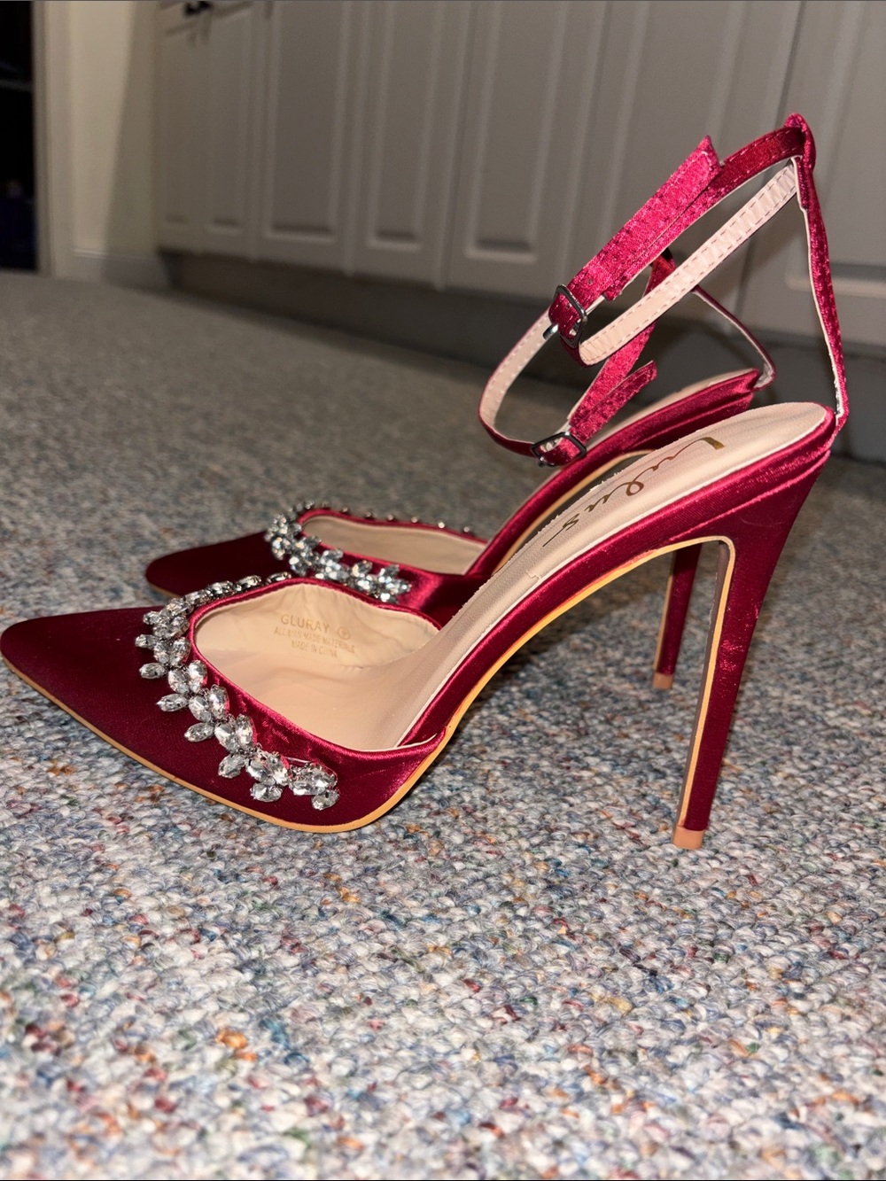 Lulu's Burgundy Satin Pointed-Toe Ankle-Strap Heels with Crystal Chain - Picture 3 of 4